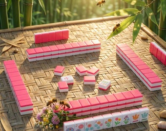 May include: A Mahjong set with pink and white tiles arranged on a woven mat. The tiles are stacked in rows and scattered, with some displaying floral and character designs. Bees and flowers are also present.