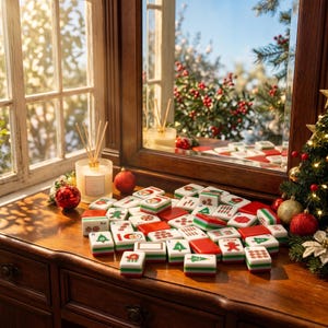 May include: A collection of Christmas-themed Mahjong tiles with red, green, and white designs. The tiles are arranged on a wooden surface, with a Christmas tree and ornaments in the background. A candle and window are also visible.