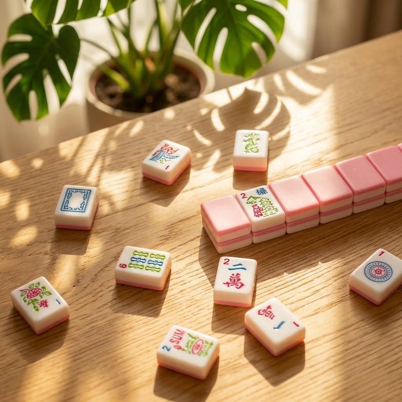 May include: A set of rectangular mahjong tiles with a white top surface and a pink base. The tiles feature various colorful engraved symbols, including Chinese characters, floral patterns, and geometric designs, scattered across a wooden surface.