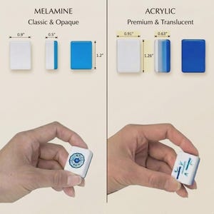 K&ouml;nnte beinhalten: Bild von Mahjong-Steinen aus Melamin und Acryl. Melamin-Steine sind wei&szlig; und blau, messen 2,3 cm x 1,3 cm x 3 cm. Acryl-Steine sind wei&szlig; und blau, messen 2,3 cm x 1,6 cm x 3,2 cm. Zwei Steine werden in H&auml;nden gehalten, einer mit blauem Blumendesign.