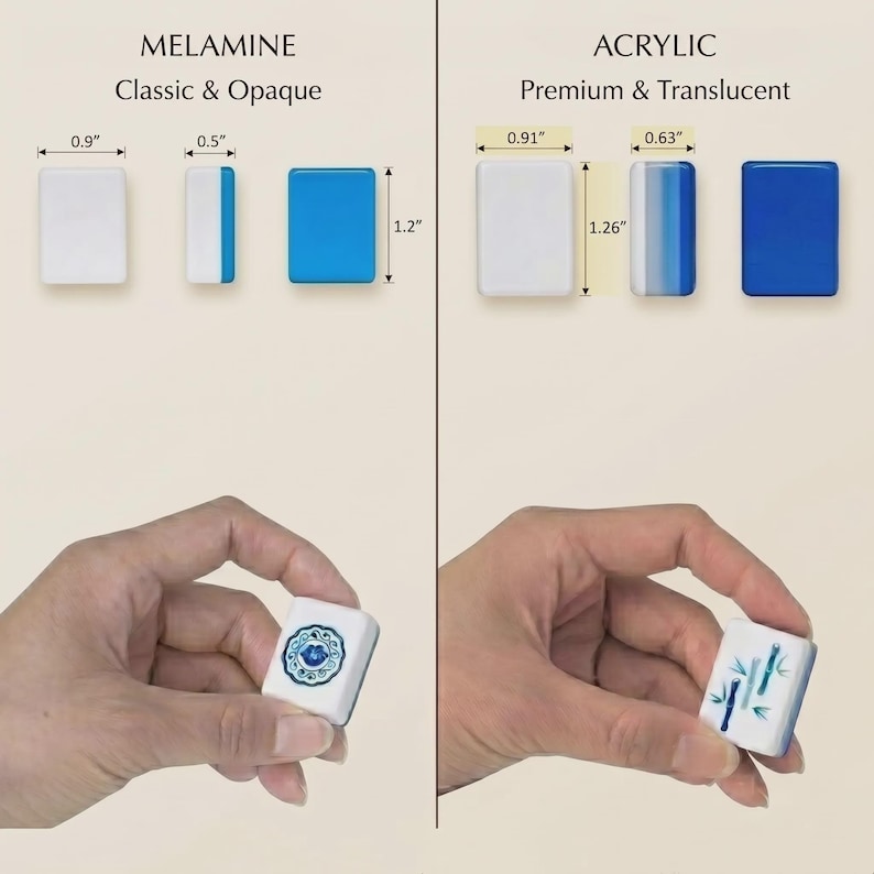 K&ouml;nnte beinhalten: Bild von Mahjong-Steinen aus Melamin und Acryl. Melamin-Steine sind wei&szlig; und blau, messen 2,3 cm x 1,3 cm x 3 cm. Acryl-Steine sind wei&szlig; und blau, messen 2,3 cm x 1,6 cm x 3,2 cm. Zwei Steine werden in H&auml;nden gehalten, einer mit blauem Blumendesign.