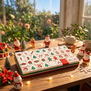 May include: A Christmas-themed Mahjong set with red, green, and white tiles featuring festive symbols like Christmas trees, Santas, and gingerbread men. The set is surrounded by Christmas decorations, including Santa figurines and a snowman.