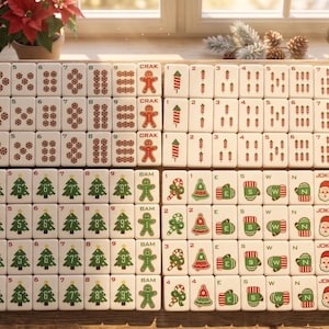 May include: A set of Christmas-themed Mahjong tiles. The tiles feature festive designs like Christmas trees, gingerbread men, candy canes, and Santa faces. The tiles are white with red and green accents, perfect for holiday game nights.
