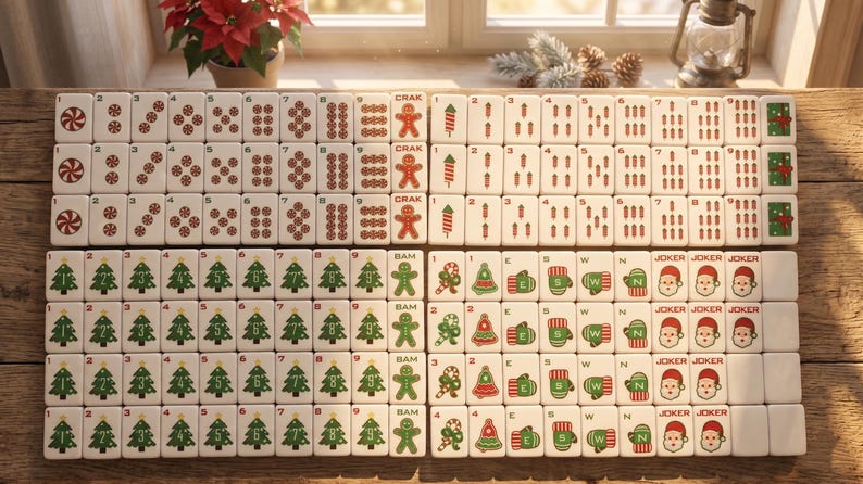 May include: A set of Christmas-themed Mahjong tiles. The tiles feature festive designs like Christmas trees, gingerbread men, candy canes, and Santa faces. The tiles are white with red and green accents, perfect for holiday game nights.