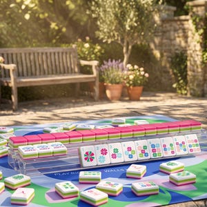 May include: A Mahjong game set with pink, green, and white tiles arranged on a blue and green mat. The tiles feature floral and number designs. The game is set up outdoors with a wooden bench and potted plants in the background.