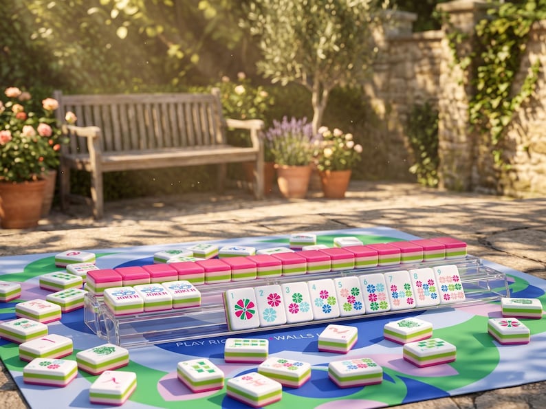 May include: A Mahjong game set with pink, green, and white tiles arranged on a blue and green mat. The tiles feature floral and number designs. The game is set up outdoors with a wooden bench and potted plants in the background.