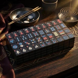 May include: A set of black Mahjong tiles arranged in a rectangular grid. Each tile features engraved characters, numbers, and symbols in red, blue, and white. The tiles display various markings including Chinese characters, directional letters, and Joker labels.