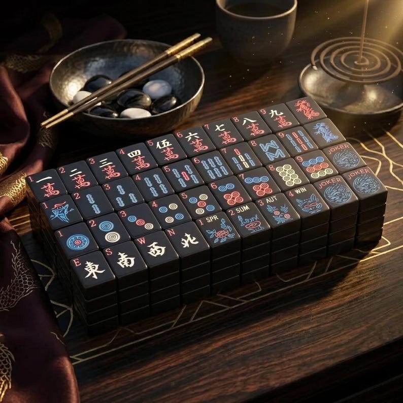 May include: A set of black Mahjong tiles arranged in a rectangular grid. Each tile features engraved characters, numbers, and symbols in red, blue, and white. The tiles display various markings including Chinese characters, directional letters, and Joker labels.