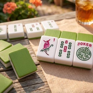 May include: A set of white and green Mahjong tiles with various symbols and characters. The tiles feature a green textured back and are arranged on a wooden surface. Some tiles display a pink owl, the number 8, and the word "JOKER".
