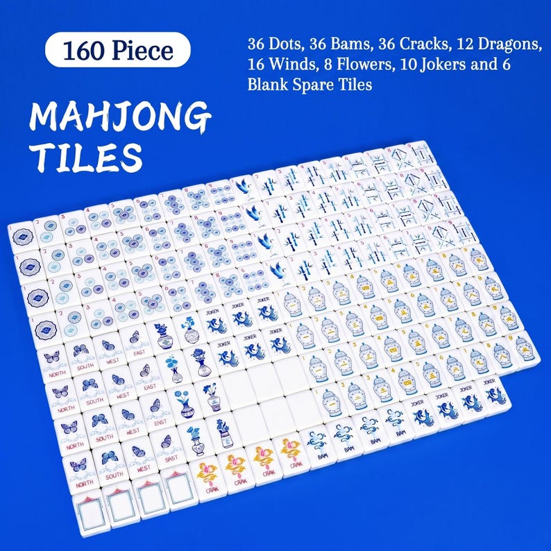 May include: A 160-piece set of white Mahjong tiles with blue and colorful graphic designs. The set includes 36 Dots, 36 Bams, 36 Cracks, 12 Dragons, 16 Winds, 8 Flowers, 10 Jokers, and 6 blank spare tiles, all arranged on a solid blue background.