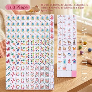 May include: A 160-piece Mahjong tile set with various symbols and numbers. The set includes tiles with dots, bams, cracks, dragons, winds, flowers, jokers, and spare tiles. The tiles are arranged on a wooden surface.