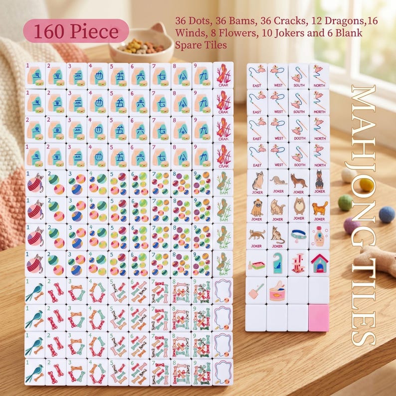 May include: A 160-piece Mahjong tile set with various symbols and numbers. The set includes tiles with dots, bams, cracks, dragons, winds, flowers, jokers, and spare tiles. The tiles are arranged on a wooden surface.