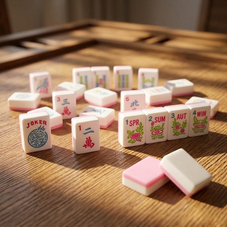 May include: A collection of white and pink mahjong tiles scattered on a wooden surface. The tiles feature various colorful symbols, Chinese characters, and English text including JOKER, 1 SPR, 2 SUM, 3 AUT, and 4 WIN, with some tiles showing floral illustrations.