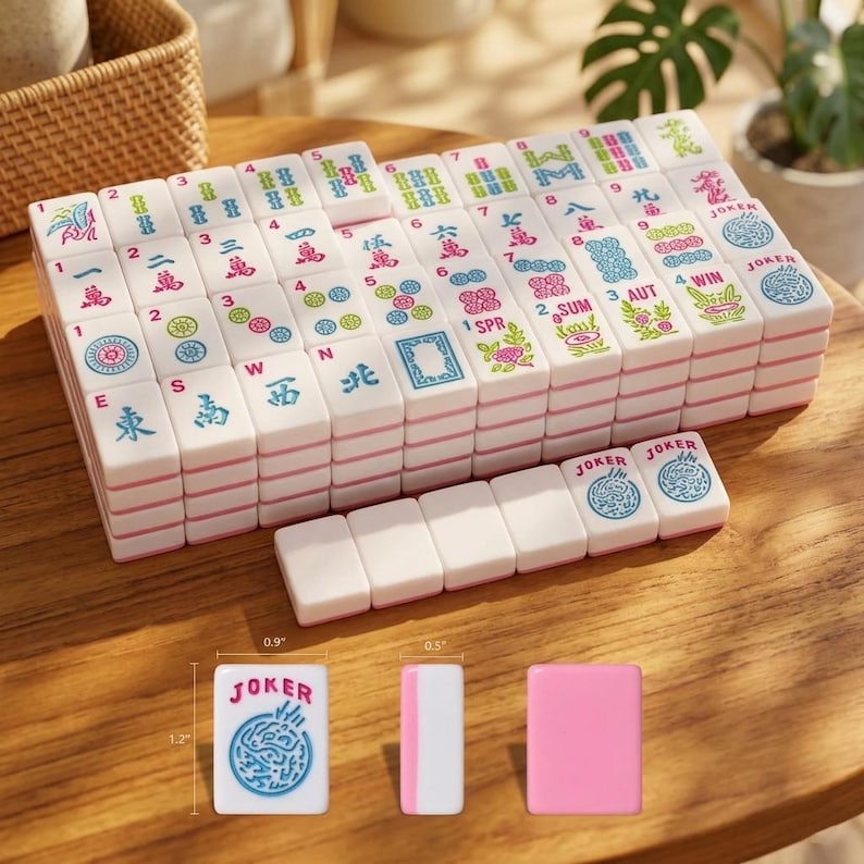 May include: A set of white Mahjong tiles with pink backs and colorful engraved symbols, including numbers, characters, and Joker tiles. The tiles measure 1.2 inches by 0.9 inches by 0.5 inches as indicated by the visible measurement labels.