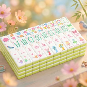 May include: A stack of white and yellow Mahjong tiles with colorful illustrations of flowers, birds, and Chinese characters. The tiles are arranged on a wooden surface, with decorative elements like flowers and miniature figurines in the background.