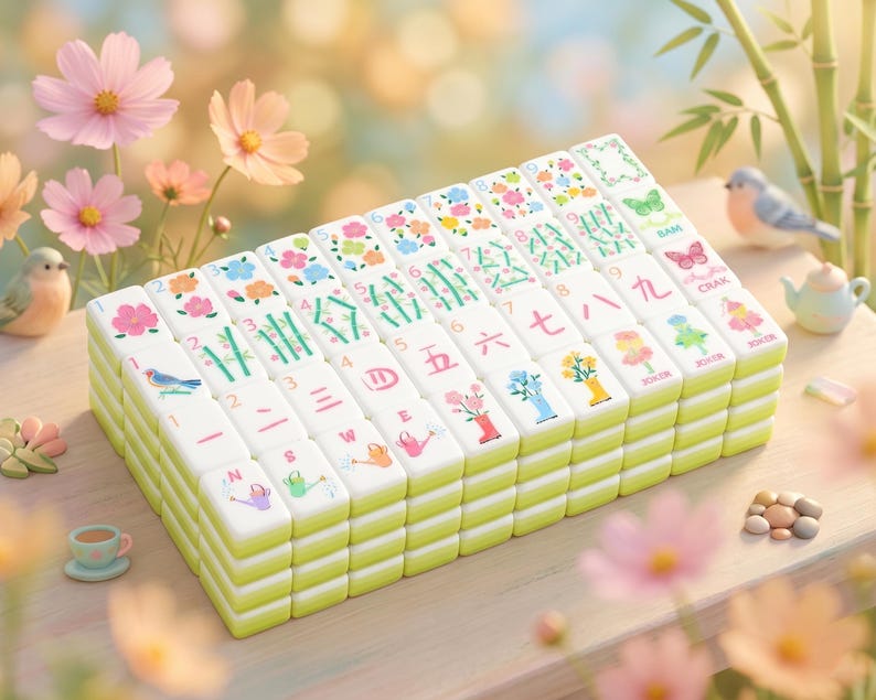 May include: A stack of white and yellow Mahjong tiles with colorful illustrations of flowers, birds, and Chinese characters. The tiles are arranged on a wooden surface, with decorative elements like flowers and miniature figurines in the background.