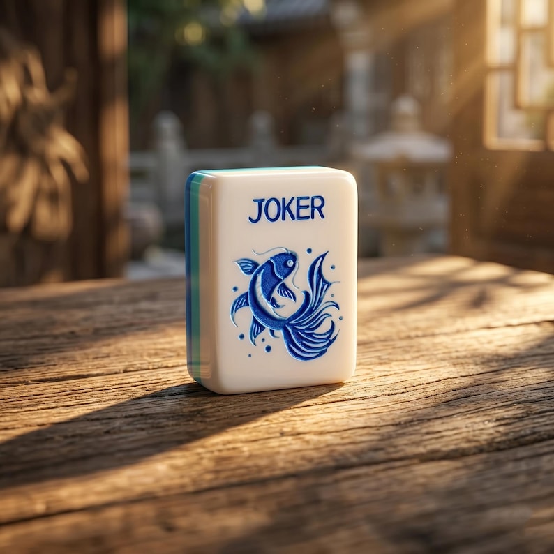 Puede incluir: Una ficha de Mahjong blanca con la palabra "JOKER" en azul. La ficha presenta un dise&ntilde;o de pez azul. Los bordes est&aacute;n adornados con azul y verde. La ficha est&aacute; sobre una superficie de madera.