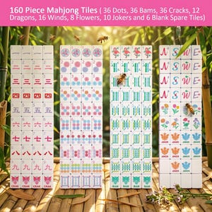 May include: A set of 160 Mahjong tiles, featuring various symbols and numbers. The tiles are arranged in four columns, showcasing different designs including dots, bams, cracks, dragons, winds, flowers, jokers, and spare tiles. The text on the top reads: 160 Piece Mahjong Tiles.