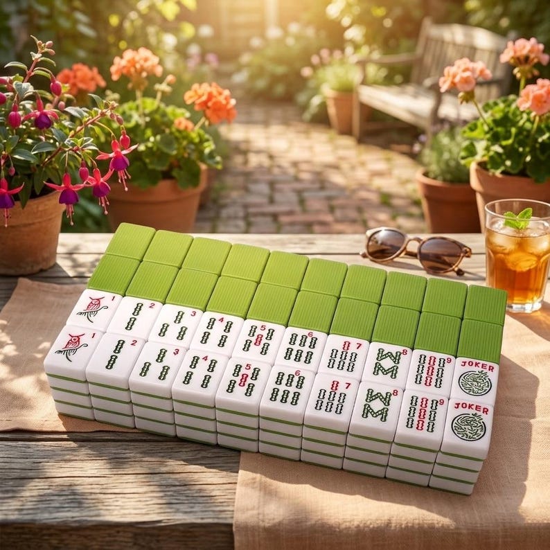May include: A Mahjong set with green and white tiles is displayed on a wooden table. The tiles are stacked and arranged, with visible symbols and numbers. The set is partially open, revealing the tiles. Sunglasses and a drink are also on the table.