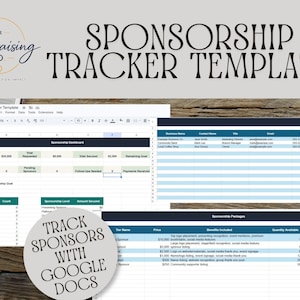 Pode incluir: Um modelo de rastreamento de patrocínio com o texto "Sponsorship Tracker Template" em negrito. A imagem inclui planilhas, um logotipo e o texto "Track Sponsors with Google Docs."