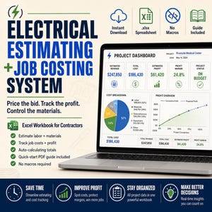 May include: An electrical estimating and job costing system displayed on a laptop screen. The dashboard shows project revenue, costs, profit, and status. Text includes 'Electrical Estimating + Job Costing System', 'Excel Workbook for Contractors', and 'Project Dashboard'.