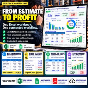 From Estimate to Profit infographic showing an electrical contractor Excel workbook dashboard and a sequence of steps for building estimates, checking margins, tracking job costs, and reviewing profit.
