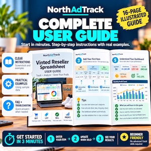 May include: A 16-page illustrated user guide for the NorthAdTrack Vinted Reseller Spreadsheet. The guide features step-by-step instructions, screenshots, dashboard examples, profit trend charts, and tips for tracking costs, listings, and sales.