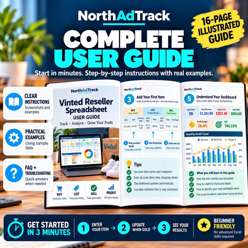 May include: A 16-page illustrated user guide for the NorthAdTrack Vinted Reseller Spreadsheet. The guide features step-by-step instructions, screenshots, dashboard examples, profit trend charts, and tips for tracking costs, listings, and sales.