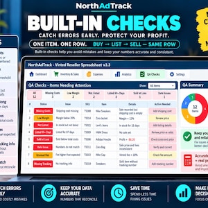 May include: A laptop screen displaying the NorthAdTrack Vinted Reseller Spreadsheet v3.3 interface. The dashboard shows a QA Checks table with columns for status, issue, SKU, item, details, and action needed, plus a colourful pie chart.