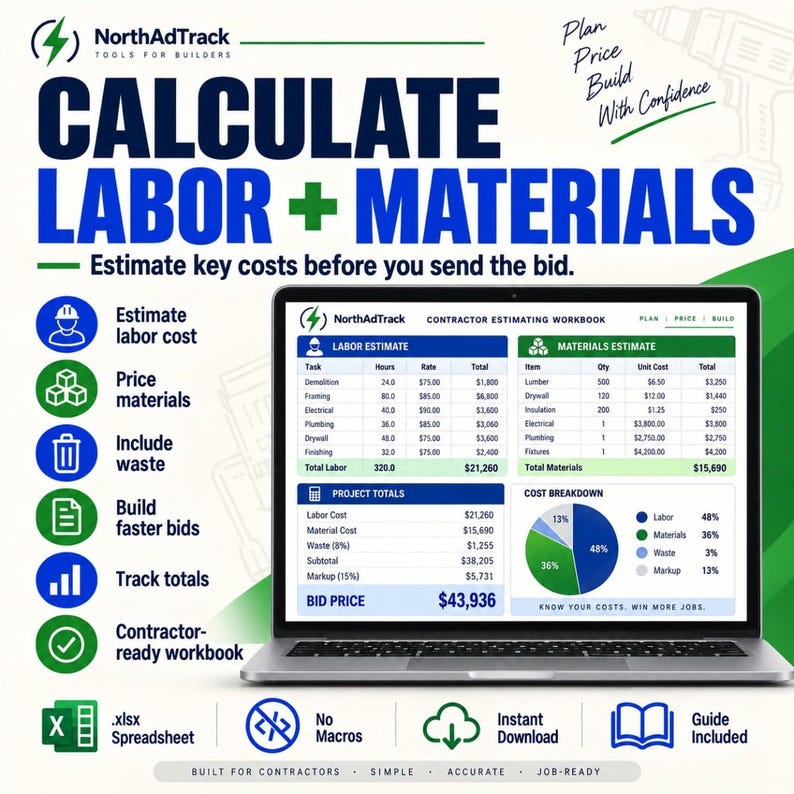 Calculate Labor and Materials graphic with a screenshot of an Excel estimating table, icons for labor hours, material costs, equipment and subcontractor expenses, and a total-cost chart.