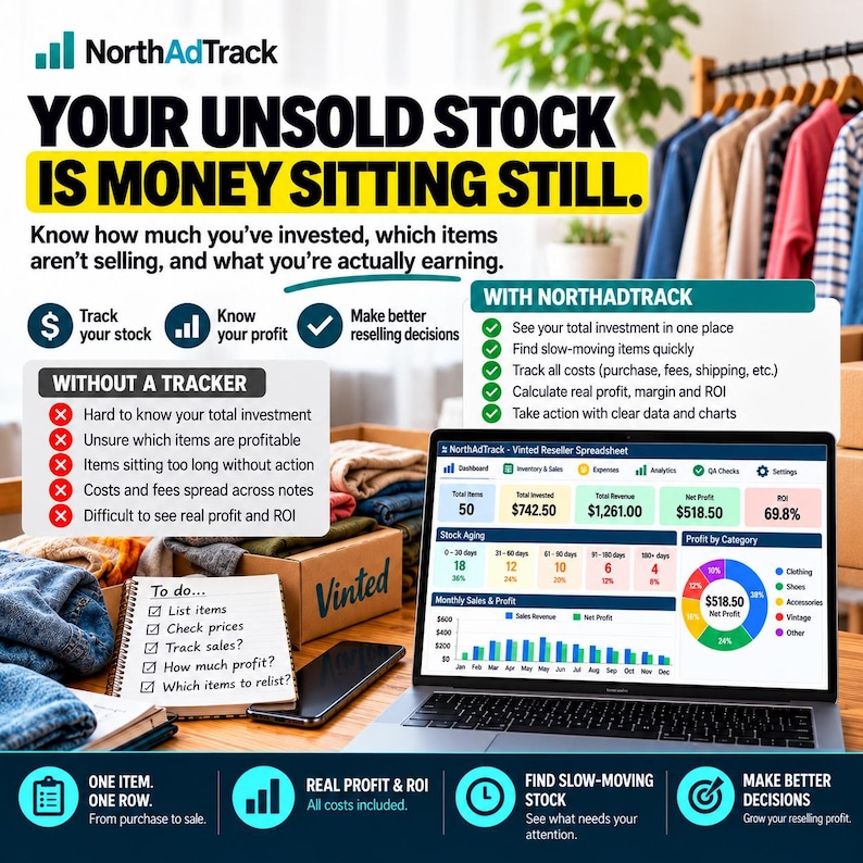 NorthAdTrack Vinted Reseller Spreadsheet showing how to track money invested in unsold inventory, identify slow-moving items, and calculate real profit after costs. The image features an Excel dashboard with inventory, sales, profit, ROI, and charts, alongside the Buy, List, Sell, and See Results workflow. A digital inventory and profit tracker for clothing resellers.