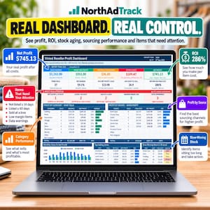 May include: A laptop screen displaying the NorthAdTrack Vinted Reseller Profit Dashboard with data tables, charts, and metrics including net profit, ROI, and stock aging. The interface features sections for profit by category, profit by source, and top selling items.