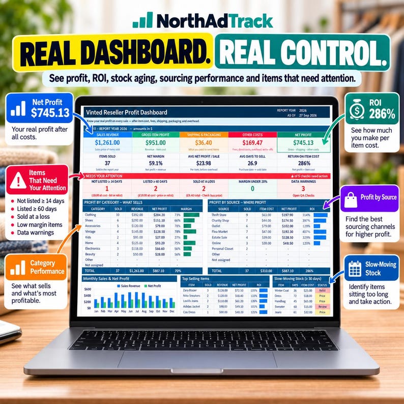 May include: A laptop screen displaying the NorthAdTrack Vinted Reseller Profit Dashboard with data tables, charts, and metrics including net profit, ROI, and stock aging. The interface features sections for profit by category, profit by source, and top selling items.