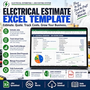 Electrical Estimate Excel Template graphic featuring a screenshot of the workbook dashboard and a list of estimating, cost-tracking, invoicing, and profit-monitoring features.