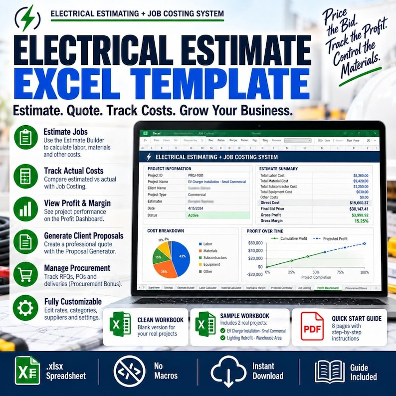 Electrical Estimate Excel Template graphic featuring a screenshot of the workbook dashboard and a list of estimating, cost-tracking, invoicing, and profit-monitoring features.