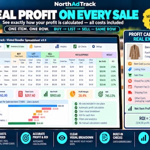 May include: A digital spreadsheet interface titled NorthAdTrack Vinted Reseller Spreadsheet v3.3, displaying columns for item costs, fees, and net profit. A sidebar shows a profit calculation example for a Zara Jacket with a net profit of &pound;34.00.