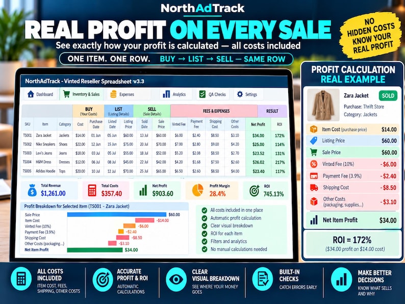 May include: A digital spreadsheet interface titled NorthAdTrack Vinted Reseller Spreadsheet v3.3, displaying columns for item costs, fees, and net profit. A sidebar shows a profit calculation example for a Zara Jacket with a net profit of &pound;34.00.