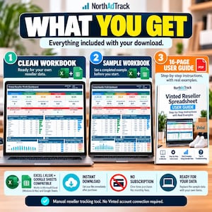NorthAdTrack What You Get infographic showing three digital files: a clean Vinted Reseller Excel workbook, a sample workbook with example data, and a 16-page PDF user guide. Two laptop screens display profit dashboards. Icons highlight Excel and Google Sheets compatibility, instant download, no subscription, and manual tracking without a Vinted account connection.