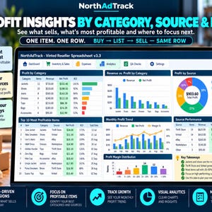 May include: A digital dashboard titled NorthAdTrack Vinted Reseller Spreadsheet v3.3 displaying profit insights by category, source, and item. The screen features various charts, tables, and data visualisations including a pie chart, bar graphs, and a list of top 10 most profitable items with columns for net profit and ROI.