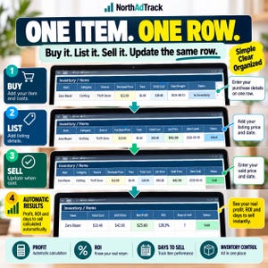 May include: An infographic for NorthAdTrack showing a four-step inventory tracking process. It displays spreadsheet rows for a Zara Blazer, detailing purchase price, fees, total cost, list price, sold price, net profit, ROI, and days to sell.