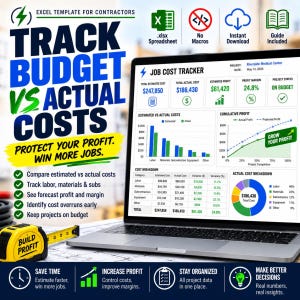 Track Budget vs Actual Costs graphic with a job-cost spreadsheet and dashboard chart comparing planned and actual project expenses, alongside contractor cost-tracking benefits.