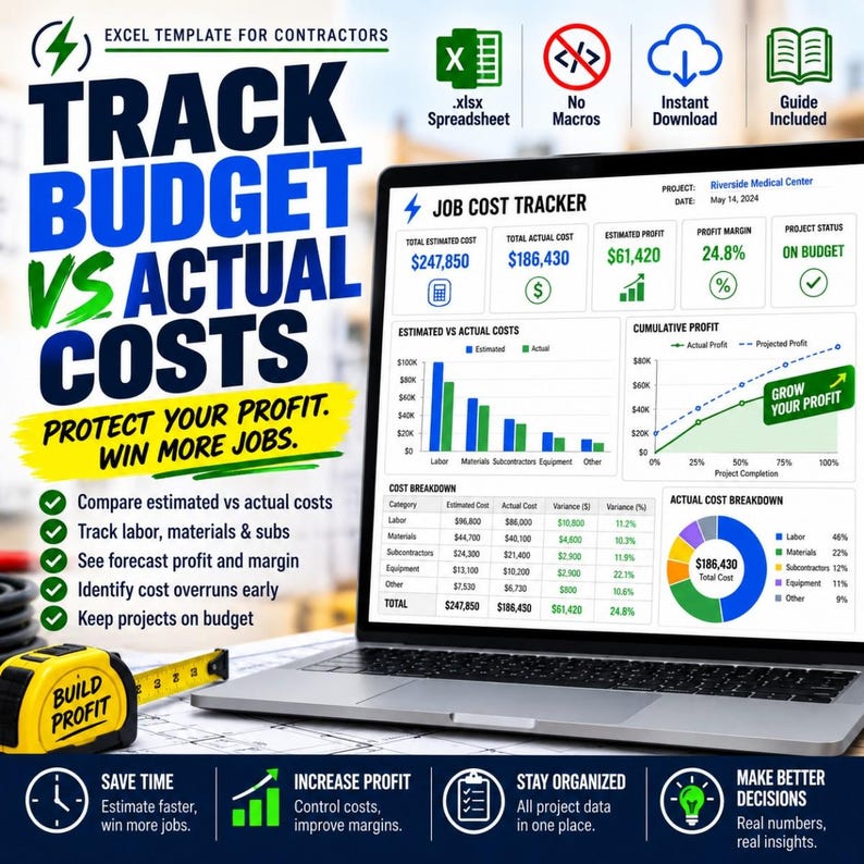 Track Budget vs Actual Costs graphic with a job-cost spreadsheet and dashboard chart comparing planned and actual project expenses, alongside contractor cost-tracking benefits.