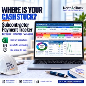 May include: A laptop displaying the NorthAdTrack Treasury Dashboard with financial data, a white hard hat with the text BUILD TRACK GET PAID, a blue pen, and a notepad with the text SUBCONTRACTORS BUILD MORE THAN BUILDINGS on a desk.