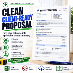Clean Client-Ready Proposal graphic showing a sample electrical project proposal document, with sections for estimate details, itemized pricing, and a professional quote summary.