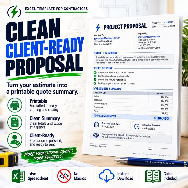 Clean Client-Ready Proposal graphic showing a sample electrical project proposal document, with sections for estimate details, itemized pricing, and a professional quote summary.