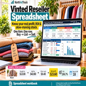 May include: A laptop displaying a Vinted Reseller Profit Dashboard spreadsheet with financial data, charts, and metrics. Beside it sits a stack of folded clothing with a tan tag reading Buy Sort Sell Repeat. A sample item example shows blazer profit data.