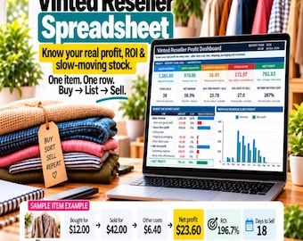 Op de afbeelding: Een laptop toont een Vinted Reseller Profit Dashboard met financiële gegevens, grafieken en statistieken. Daarnaast ligt een stapel gevouwen kleding met een beige label met de tekst Buy Sort Sell Repeat. Een voorbeeld toont gegevens voor een blazer.