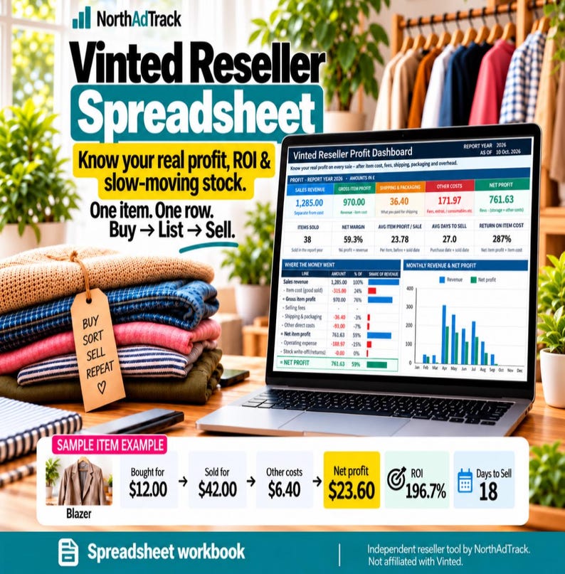 May include: A laptop displaying a Vinted Reseller Profit Dashboard spreadsheet with financial data, charts, and metrics. Beside it sits a stack of folded clothing with a tan tag reading Buy Sort Sell Repeat. A sample item example shows blazer profit data.