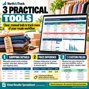 May include: A digital Vinted Reseller Profit Dashboard on a laptop screen, featuring three practical tools for tracking resale workflows, including shipping details, price difference analysis, and two custom fields for organisation.