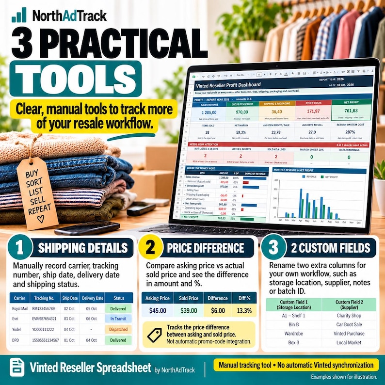 May include: A digital Vinted Reseller Profit Dashboard on a laptop screen, featuring three practical tools for tracking resale workflows, including shipping details, price difference analysis, and two custom fields for organisation.